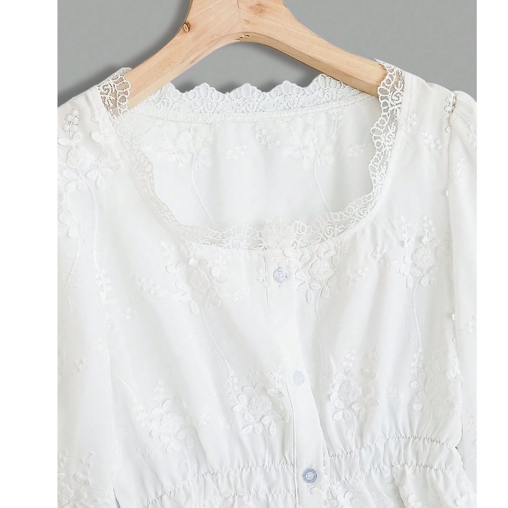 Boho White Semi Sheer Lace Button Down Embroidered Floral Top - Picture 4 of 9